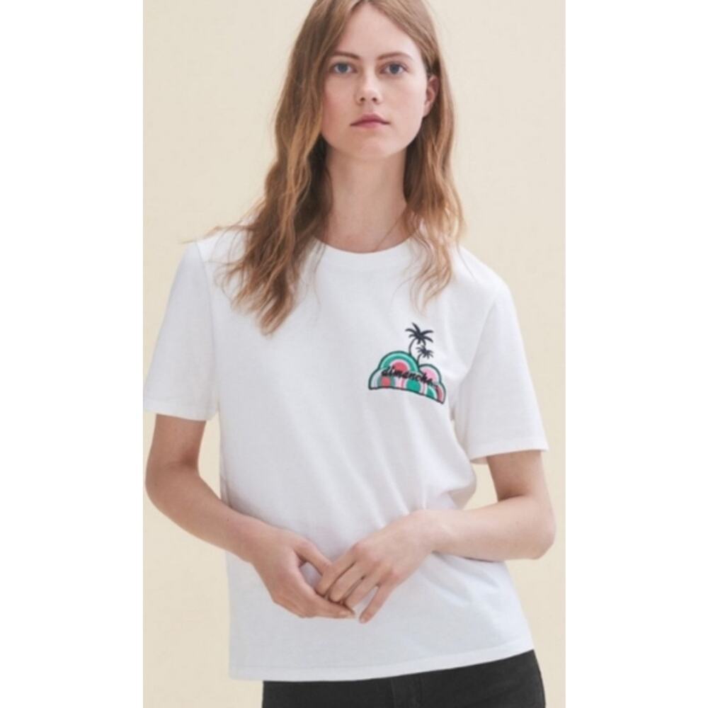 Maje Women’s Short Sleeve Cotton Tee White “Dimanche” Embroidered Size 1 Small